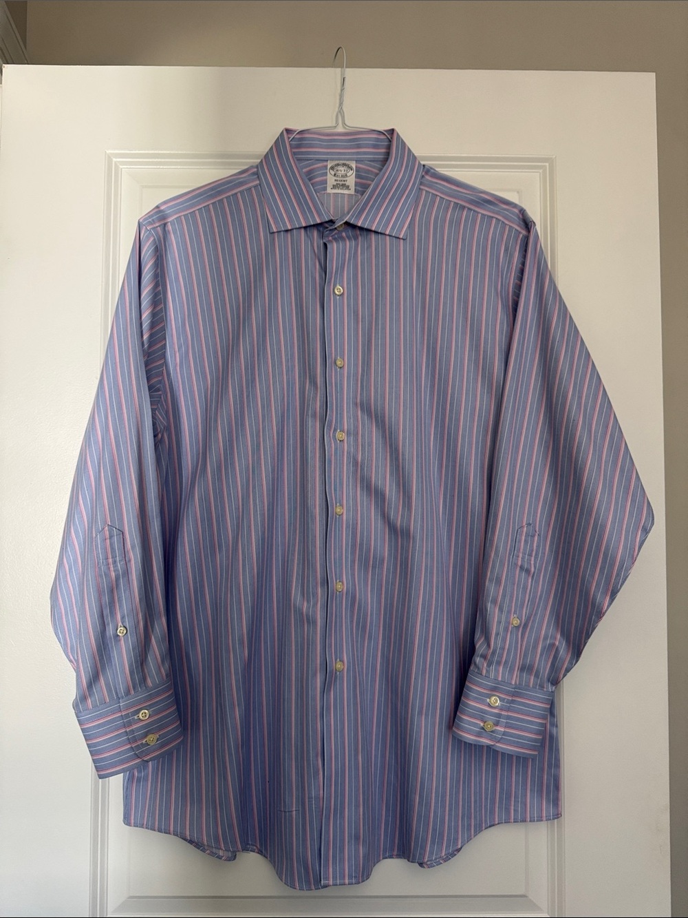Brooks Brothers Blue Dress Shirt with Pink Stripes